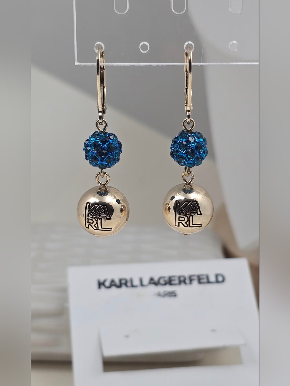 Karl Lagerfeld Blue Crystal & Gold Tone Logo Drop Earrings